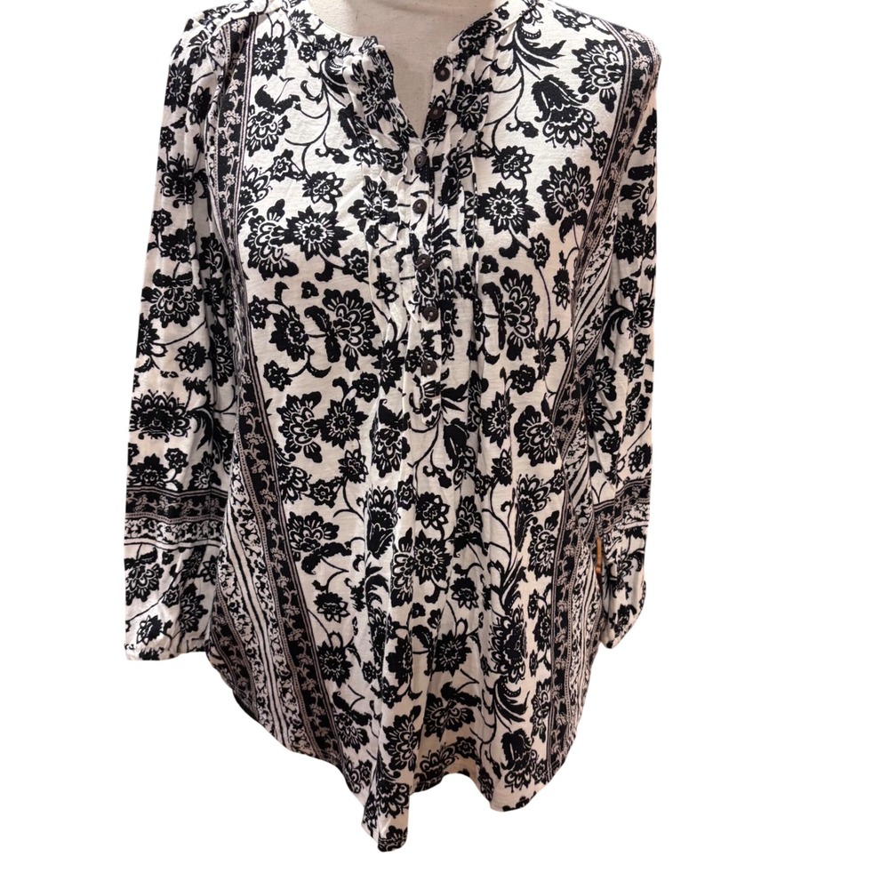Lucky Brand Black White Floral Print Henley Long Sleeve Tunic Shirt‎ Blouse S/P